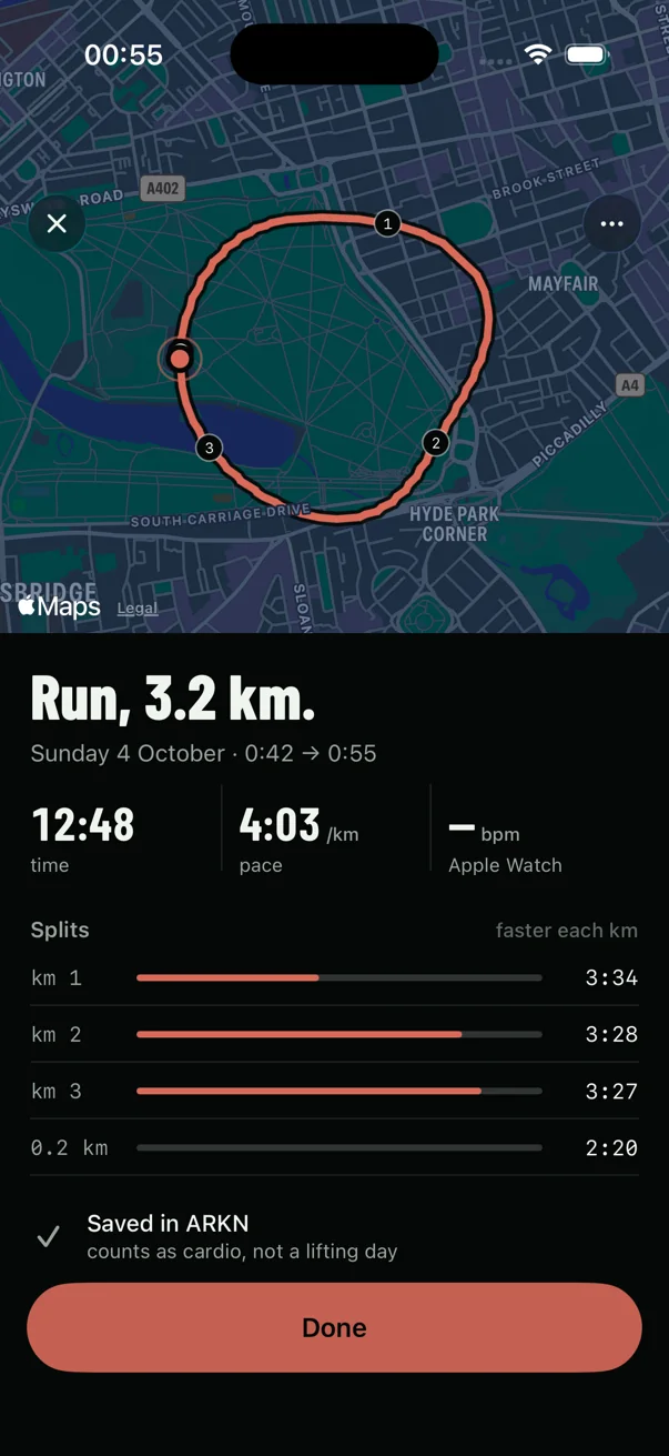 A finished run in ARKN: 3.2 km around Hyde Park on a map, 12:48 at 4:03 per kilometre, with the splits for each kilometre.